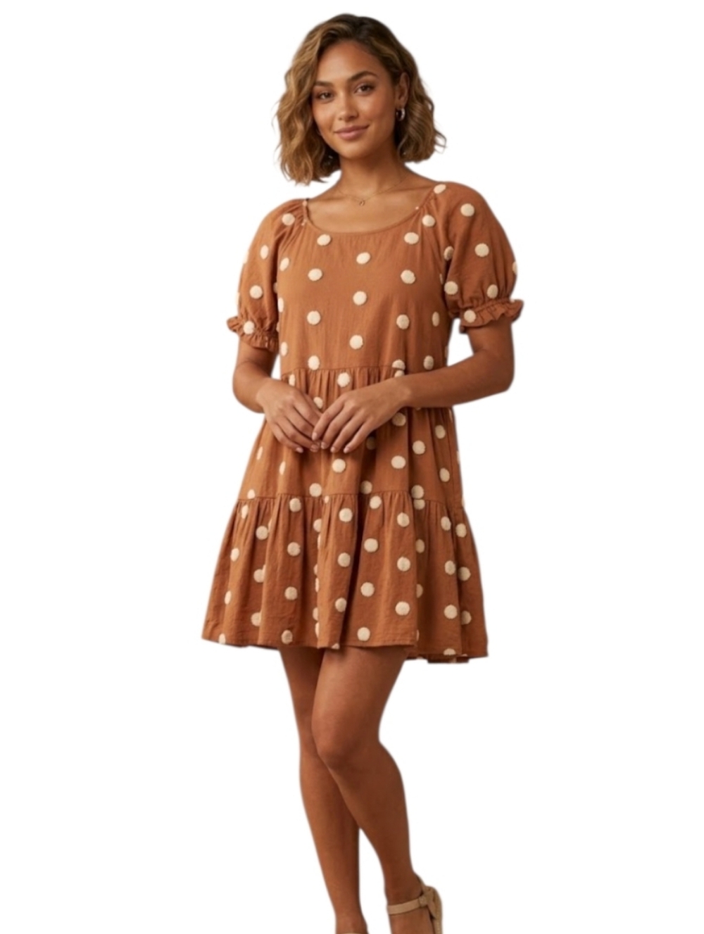 Bohme Claira Polka Dot Tiered Mini Dress in Tan Size Large